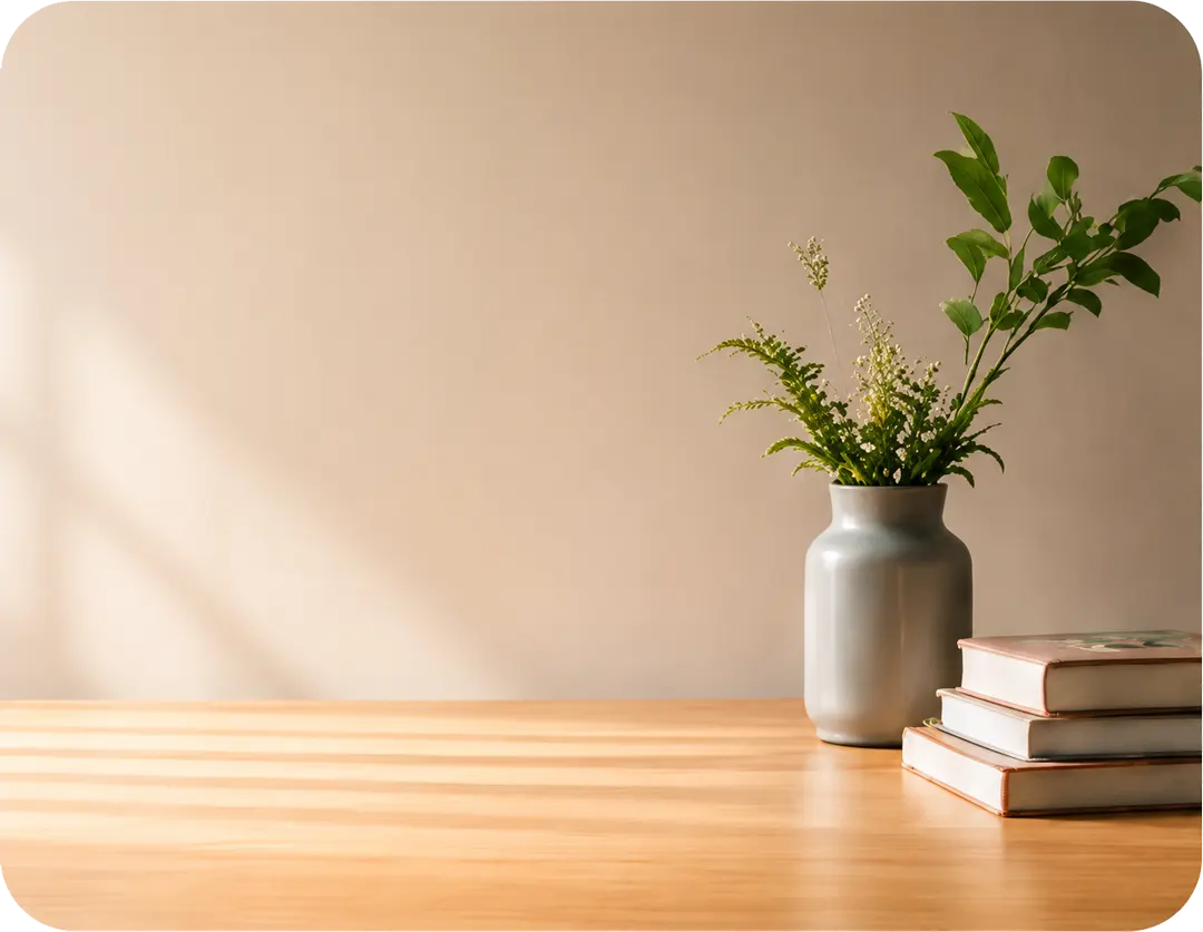 A quiet reflective setting with books and natural light