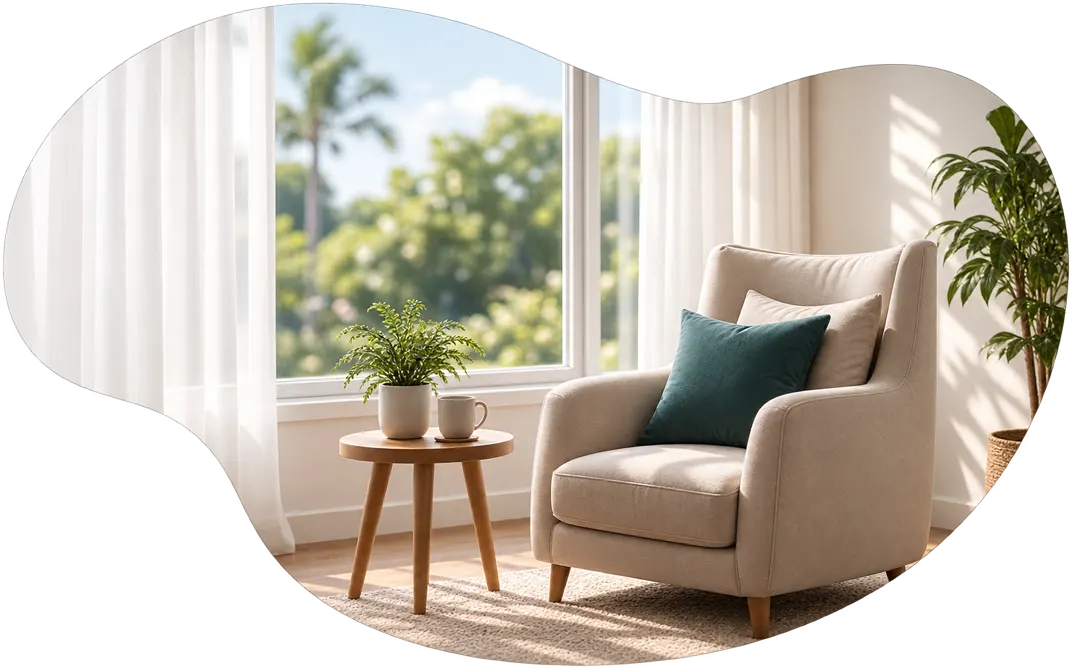 A quiet reflective chair and table for life stories